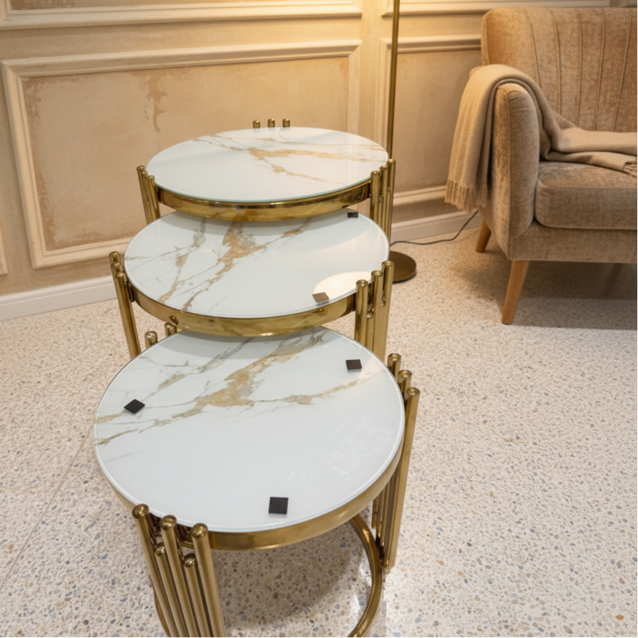 3 in 1 Executive Pure Marble Nesting Tables with Gold Frame Home & Garden Accent Tables