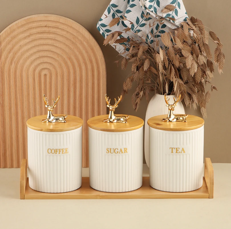 3-Piece Ribbed Ceramic Canister Set with Bamboo Lids and Tray Kitchen & Dining Food Storage Containers