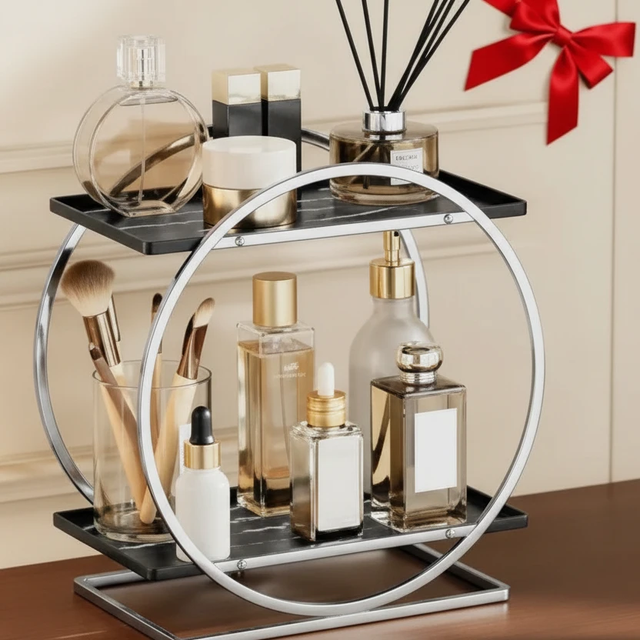 Large Circular Cosmetics Organizer Silver Metal Frame 2-Tier Home & Garden Household Storage Caddies