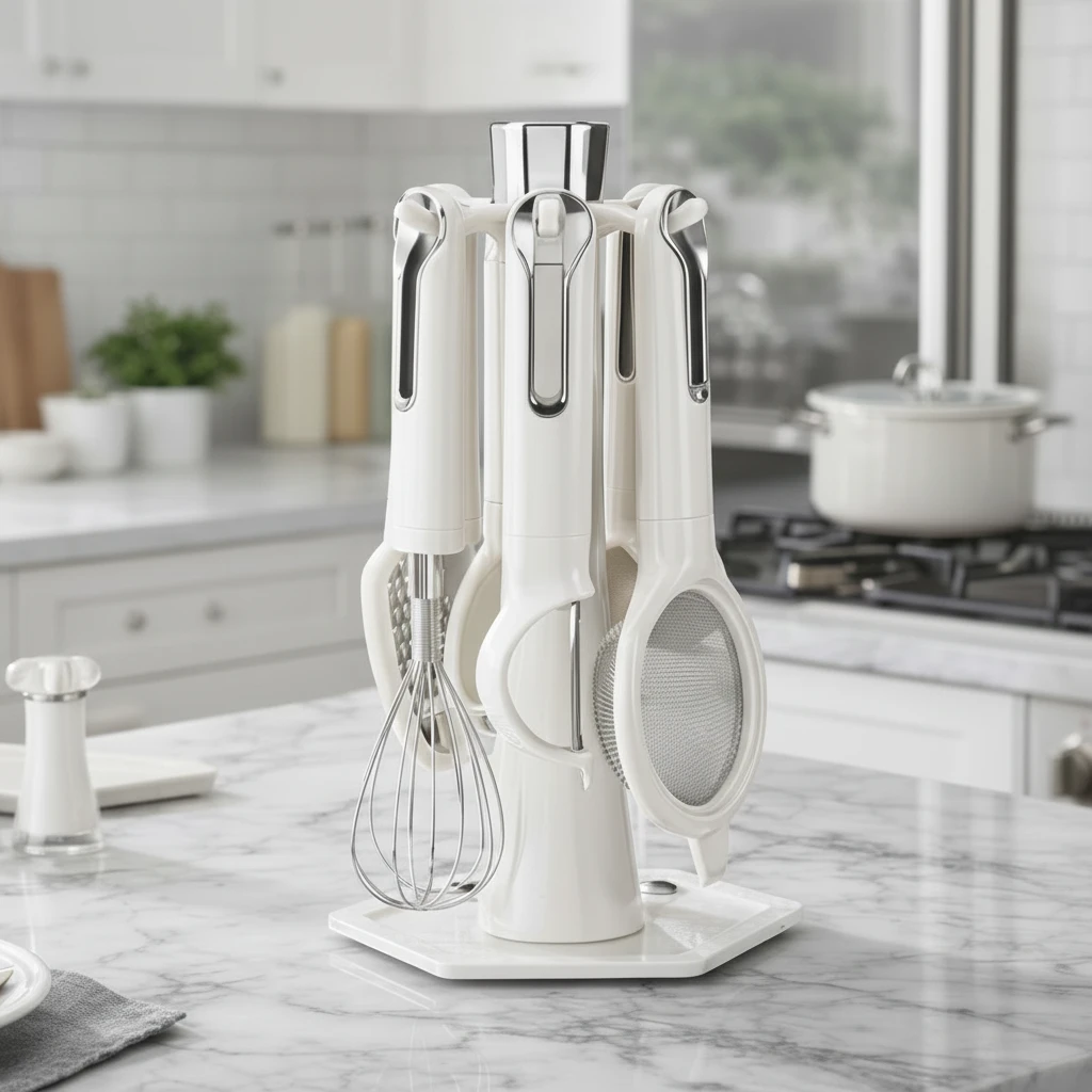 Luxury Kitchen Utensil Set - 7-Piece with Stand White & Silver Kitchen & Dining Kitchen Utensil Sets