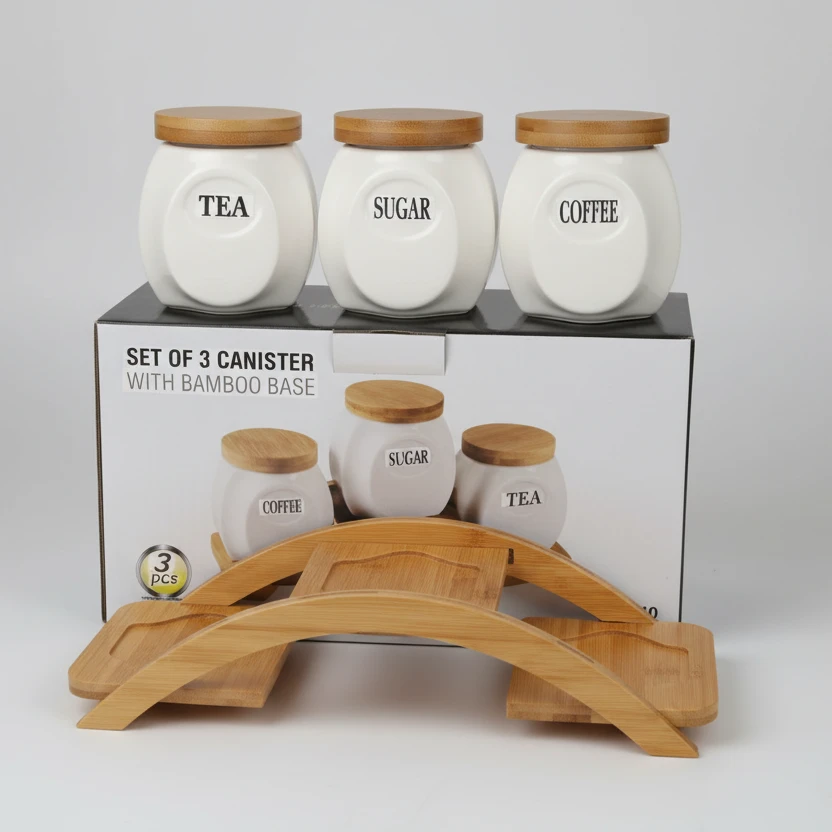 3-Piece Ceramic Canister Set with Curved Bamboo Stand Coffee Tea Sugar Kitchen & Dining Food Storage Containers