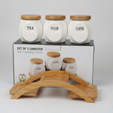 3-Piece Ceramic Canister Set with Curved Bamboo Stand Coffee Tea Sugar Kitchen & Dining Food Storage Containers