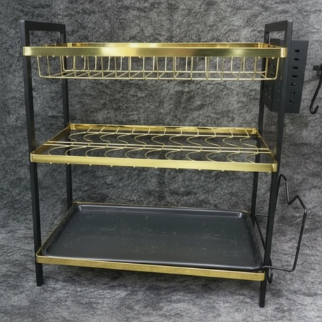 3-Layer Metallic Dish Rack with Utensil Holder Gold Black Kitchen Organizer Kitchen & Dining Dish Racks