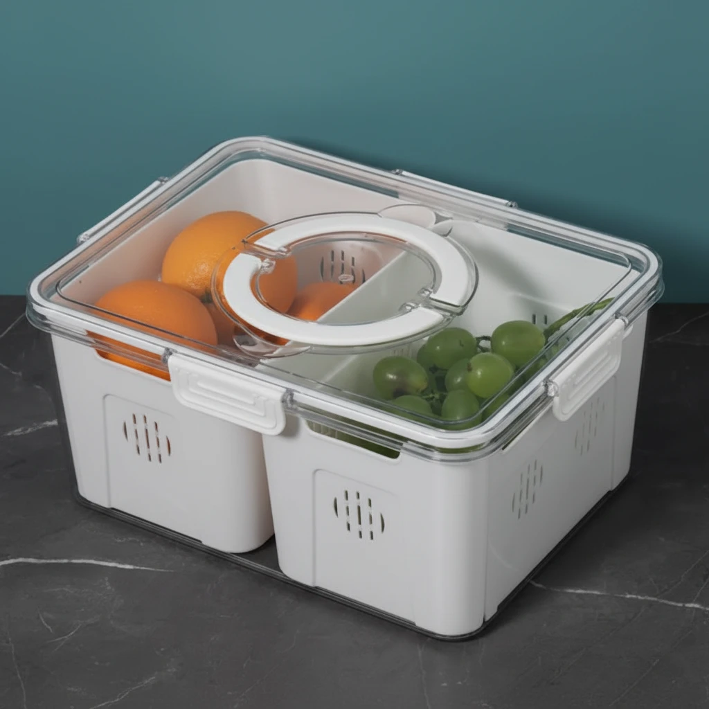 Stackable Fridge Storage Dual Sections Drain Basket Clip Lock Lid 31x24x14.2cm Kitchen & Dining Food Storage Containers