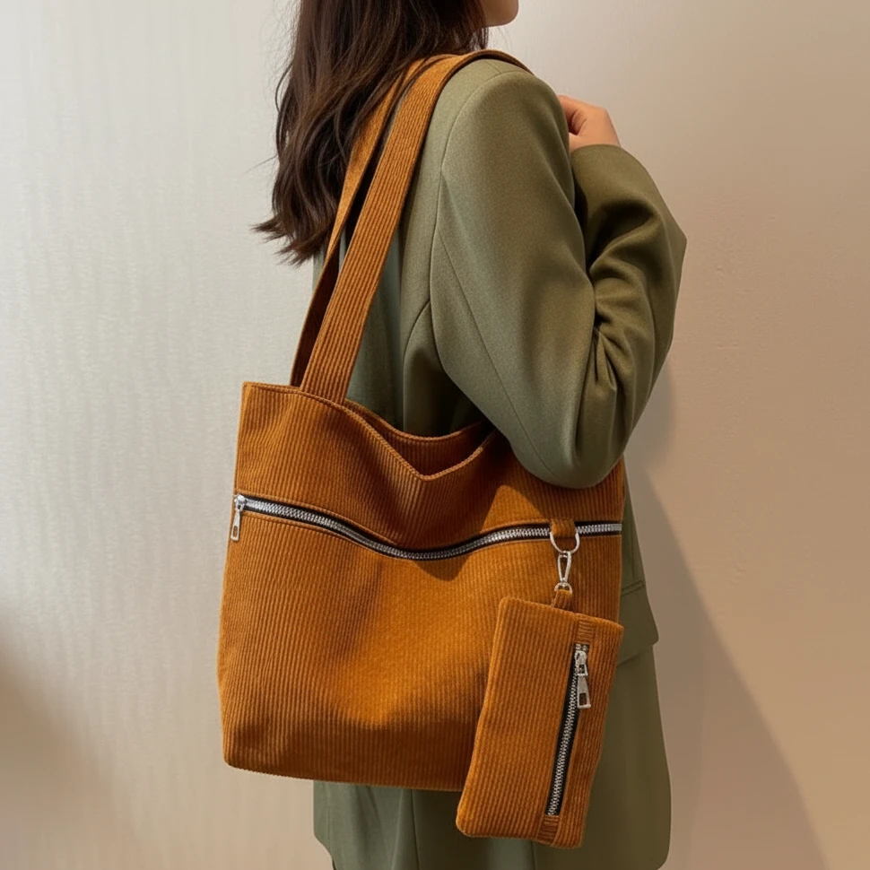 Casual Corduroy Shoulder Tote Bag with Detachable Mini Coin Purse 29x9x30cm White Brown Black Bags & Accessories Tote Bags