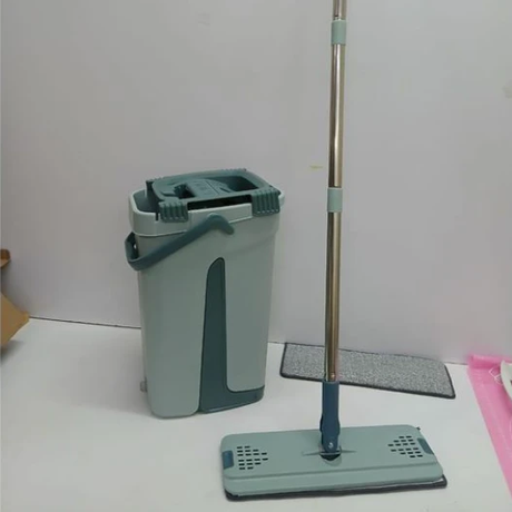 Veltex Flat Mop and Dual-Chamber Wringer Bucket Set with Extra Microfibre Cloth Green 33cm Head 125cm Handle Home & Garden Mops