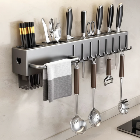 50cm Wall Mounted Carbon Steel Kitchen Utensil Holder Rack Knife Block Towel Bar 8 Hooks Gun Grey Black Kitchen & Dining Kitchen Utensil Holders & Racks