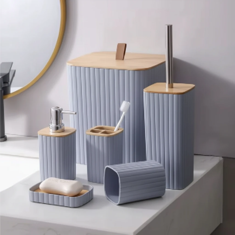 6 In 1 Bathroom Organizer Set With Wooden Top For Countertop Bathroom Accessories Bathroom Accessory Sets