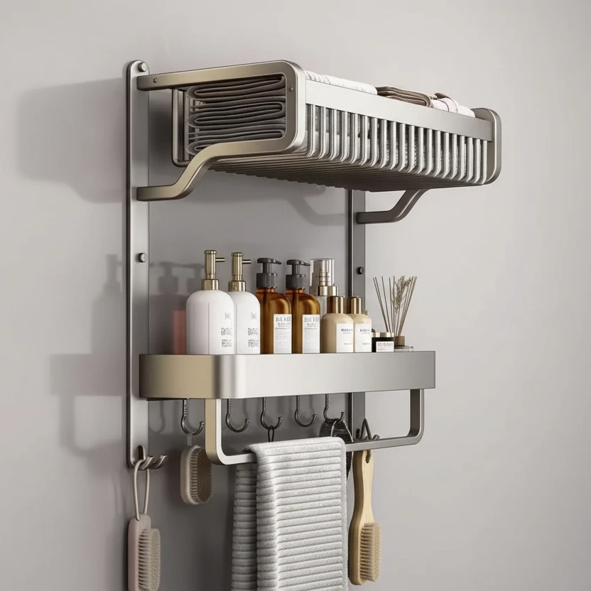 2 Tier Bathroom Towel Rack With Shelf And Hooks Compact Home & Garden Towel Racks