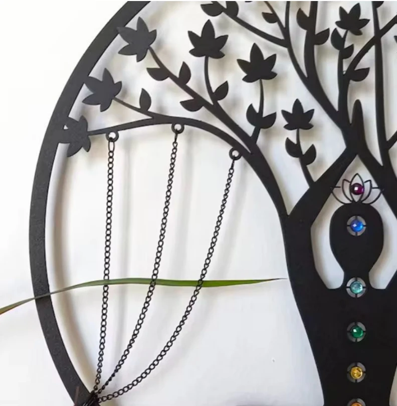 Chakra Yoga Tree of Life Metal Wall Art 60cm Matte Black Handmade Home & Garden Visual Artwork