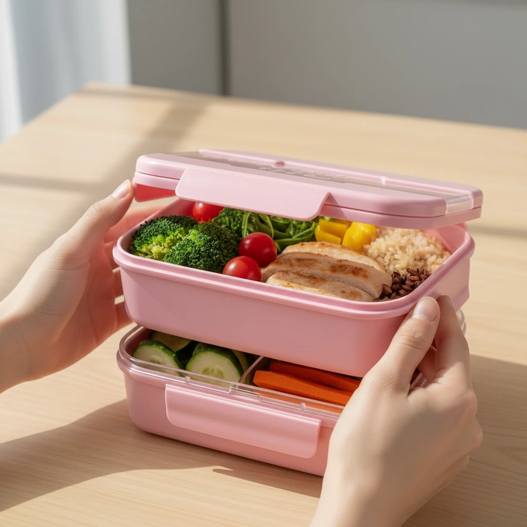 Bento Lunch Box 3-Compartment 1100ml with Spoon Fork Beige Blue Pink Kitchen & Dining Lunch Containers