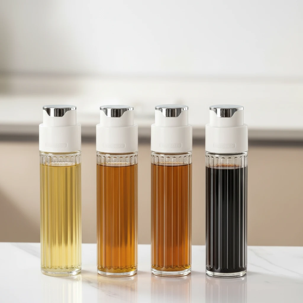 Luxury Ribbed Glass Oil Dispenser Bottle 500ml White Gold Push Pump Kitchen & Dining Oil Dispensers