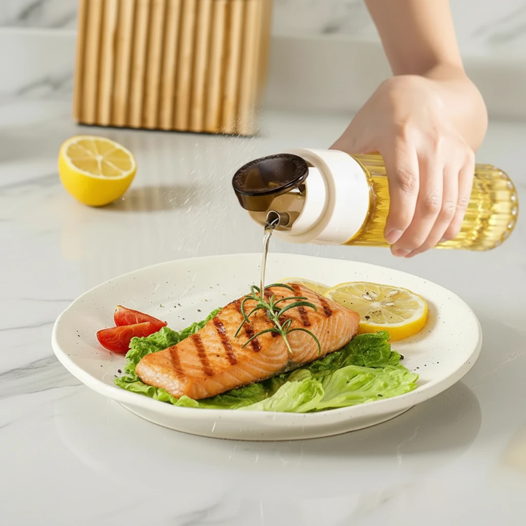 Luxury Ribbed Glass Oil Dispenser Bottle 500ml White Gold Push Pump Kitchen & Dining Oil Dispensers