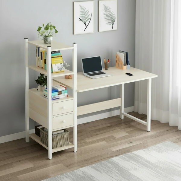 Minimalist Study Desk with Bookshelf Drawers White Metal Frame 120x110x40cm Office Furniture Desks