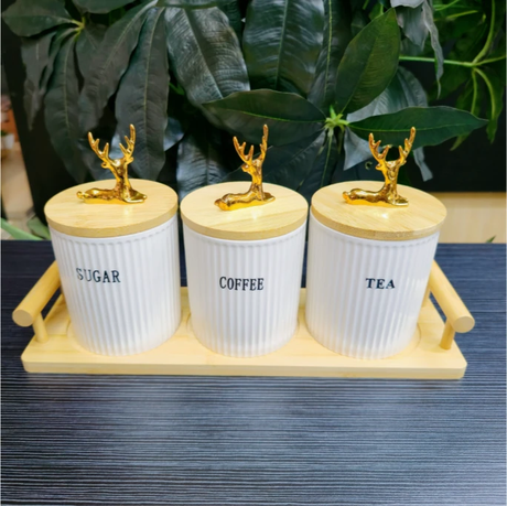 3-Piece Ceramic Canister Set Gold Deer Bamboo Lid Tray Sugar Coffee Tea White Kitchen & Dining Food Storage Containers