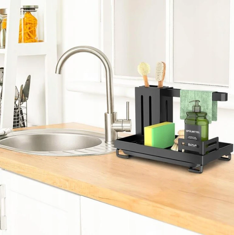 4-in-1 Carbon Steel Kitchen Sink Caddy Organiser Sponge Holder Matte Black Kitchen & Dining Sink Caddies