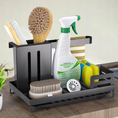 4-in-1 Carbon Steel Kitchen Sink Caddy Organiser Sponge Holder Matte Black Kitchen & Dining Sink Caddies