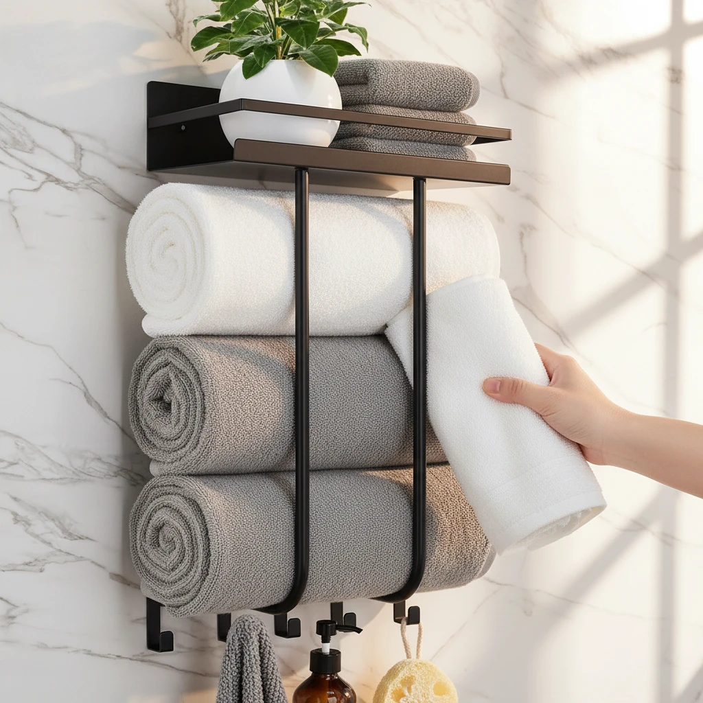 Wall Mounted Towel Rack 3-Slot Rolled Towel Holder Top Shelf 5 Hooks Matte Black Home & Garden Towel Racks