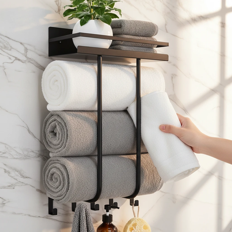 Wall Mounted Towel Rack 3-Slot Rolled Towel Holder Top Shelf 5 Hooks Matte Black Home & Garden Towel Racks