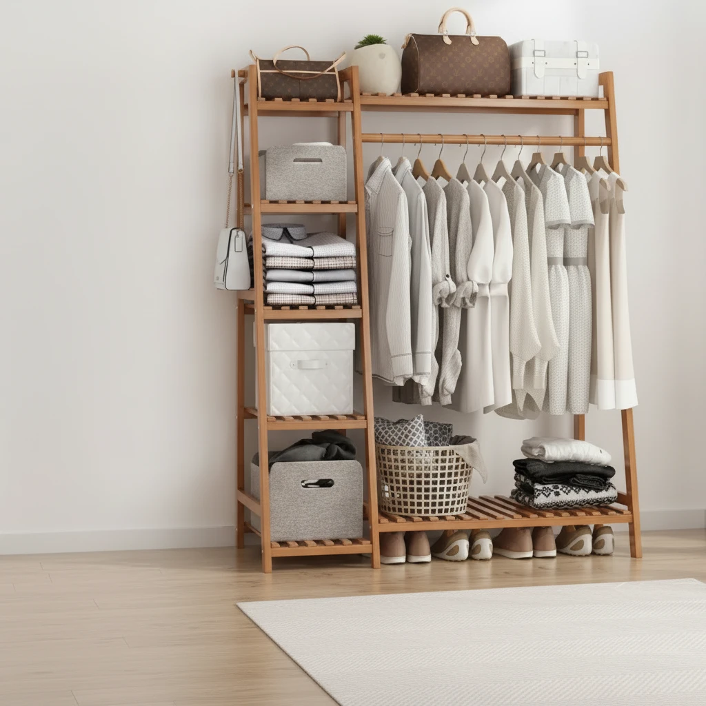 Bamboo L-Shape Garment Rack 4-Tier Shelf Hanging Rail Shoe Shelf 120x40x160cm Home & Garden Garment Racks