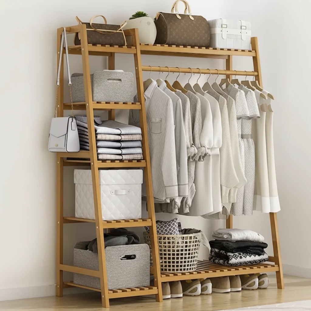 Bamboo L-Shape Garment Rack 4-Tier Shelf Hanging Rail Shoe Shelf 120x40x160cm Home & Garden Garment Racks