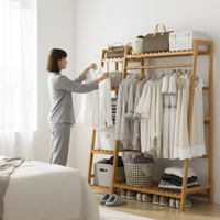 Bamboo L-Shape Garment Rack 4-Tier Shelf Hanging Rail Shoe Shelf 120x40x160cm Home & Garden Garment Racks