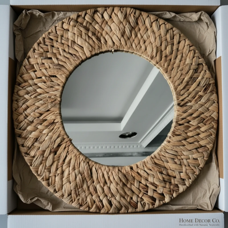 Boho Water Hyacinth Braided Round Wall Mirror 60cm Natural Handmade Home & Garden Mirrors