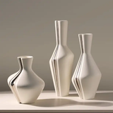 3pc Sculptural Pinch-Groove Ceramic Vase Set Cream Silver Graduated Heights Home & Garden Vases