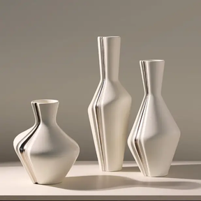 3pc Sculptural Pinch-Groove Ceramic Vase Set Cream Silver Graduated Heights Home & Garden Vases