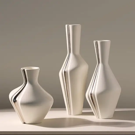 3pc Sculptural Pinch-Groove Ceramic Vase Set Cream Silver Graduated Heights Home & Garden Vases