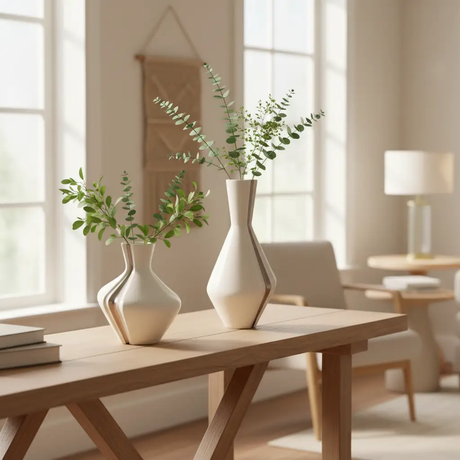 3pc Sculptural Pinch-Groove Ceramic Vase Set Cream Silver Graduated Heights Home & Garden Vases