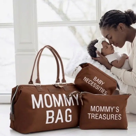 3-in-1 Mommy Bag Set Diaper Tote + Mommy's Treasures + Baby Necessities Pouches Black Beige Brown Baby & Kids Diaper Bags