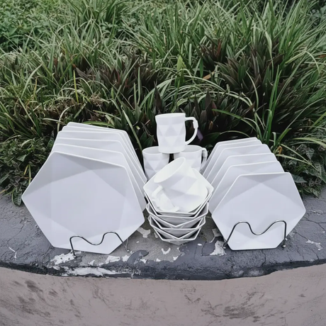 Dinner Set - 24pcs Hexagonal Geometric White Ceramic Serves 6 Kitchen & Dining Dinnerware Sets