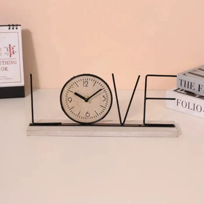 Desk Clock - Handmade Creative LOVE HOME Iron Wood Base 30cm Home Decor Desk Clocks