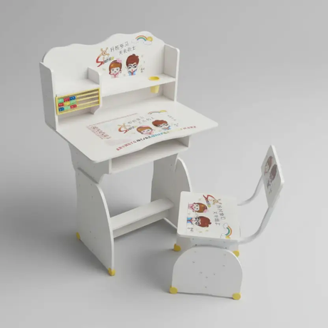 Kids Study Desk and Chair Set - Abacus Shelf Cartoon Design Blue Natural Wood Furniture Office Furniture Sets