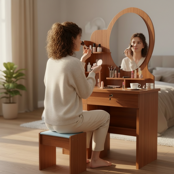 Dressing Table - Vanity Set with Oval Mirror Stool Drawers Kids and Adults Furniture Dressing Tables