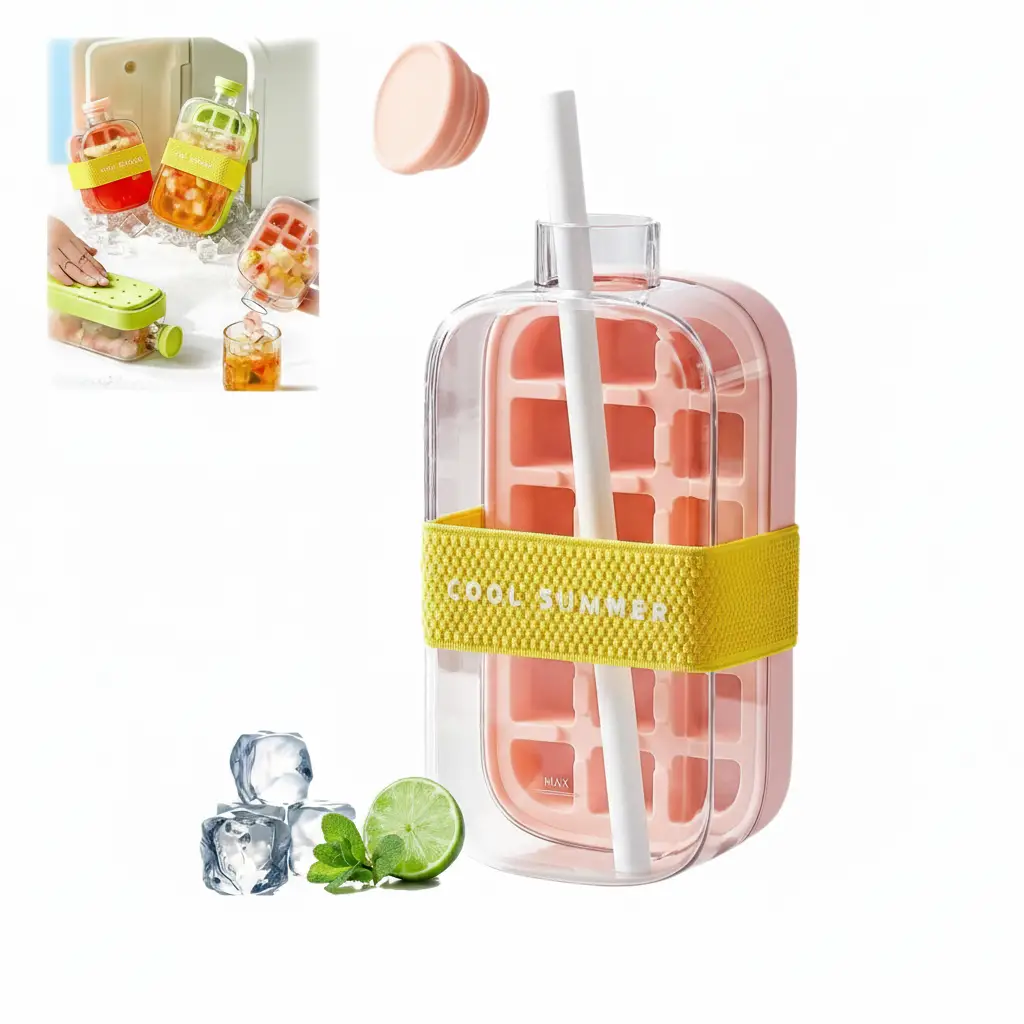 Ice Cube Bottle - Cool Shimmer 800ml 2-in-1 Freeze and Drink with Straw Green Kitchen & Dining Ice Cube Trays