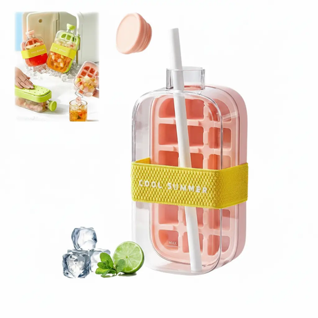 Ice Cube Bottle - Cool Shimmer 800ml 2-in-1 Freeze and Drink with Straw Green Kitchen & Dining Ice Cube Trays