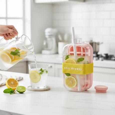 Ice Cube Bottle - Cool Shimmer 800ml 2-in-1 Freeze and Drink with Straw Green Kitchen & Dining Ice Cube Trays