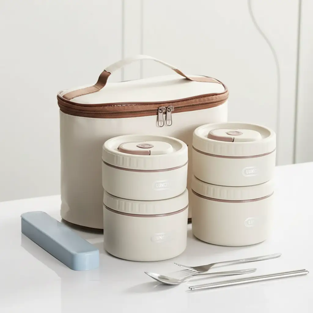 Lunch Box Set - Bento 4-Piece Stainless Steel Insulated Bowls with Lunch Bag Cream Kitchen & Dining Lunch Box Sets
