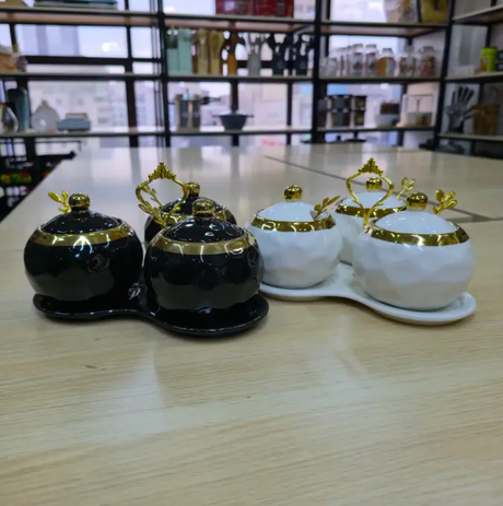 Seasoning Jar Set - Nordic Luxury Ceramic 3-Piece Black Gold Round with Tray Spoons Kitchen & Dining Food Storage Containers