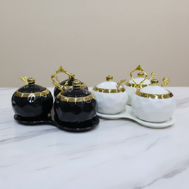 Seasoning Jar Set - Nordic Luxury Ceramic 3-Piece Black Gold Round with Tray Spoons Kitchen & Dining Food Storage Containers