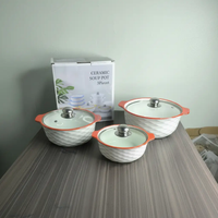 Serving Bowl Set - 3-Piece Ceramic 1L 2L 3L with Glass Lids Diamond Embossed Orange Teal Blue Kitchen & Dining Serveware