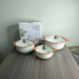 Serving Bowl Set - 3-Piece Ceramic 1L 2L 3L with Glass Lids Diamond Embossed Orange Teal Blue Kitchen & Dining Serveware