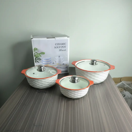 Serving Bowl Set - 3-Piece Ceramic 1L 2L 3L with Glass Lids Diamond Embossed Orange Teal Blue Kitchen & Dining Serveware