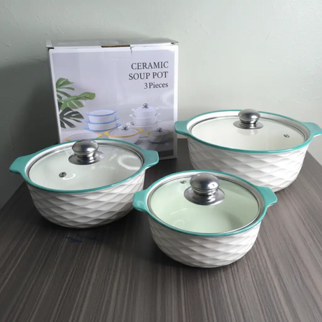 Serving Bowl Set - 3-Piece Ceramic 1L 2L 3L with Glass Lids Diamond Embossed Orange Teal Blue Kitchen & Dining Serveware