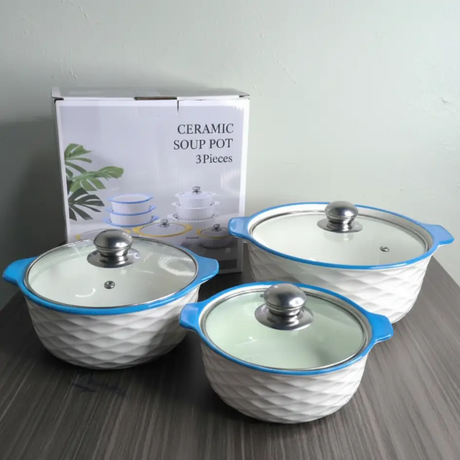 Serving Bowl Set - 3-Piece Ceramic 1L 2L 3L with Glass Lids Diamond Embossed Orange Teal Blue Kitchen & Dining Serveware