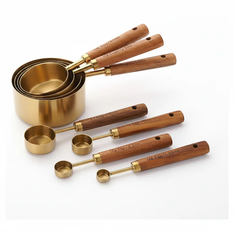 Measuring Cups and Spoons Set - 8pc Stainless Steel Engraved Fragrant Wood Handle Black Gold Kitchen & Dining Measuring Cups & Spoons