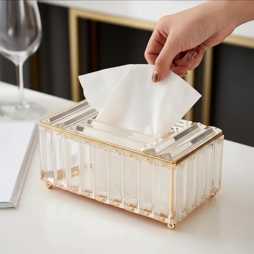 Tissue Box Holder - Luxury Crystal Acrylic Gold Trim Rectangular Serviette Dispenser Home Decor Facial Tissue Holders