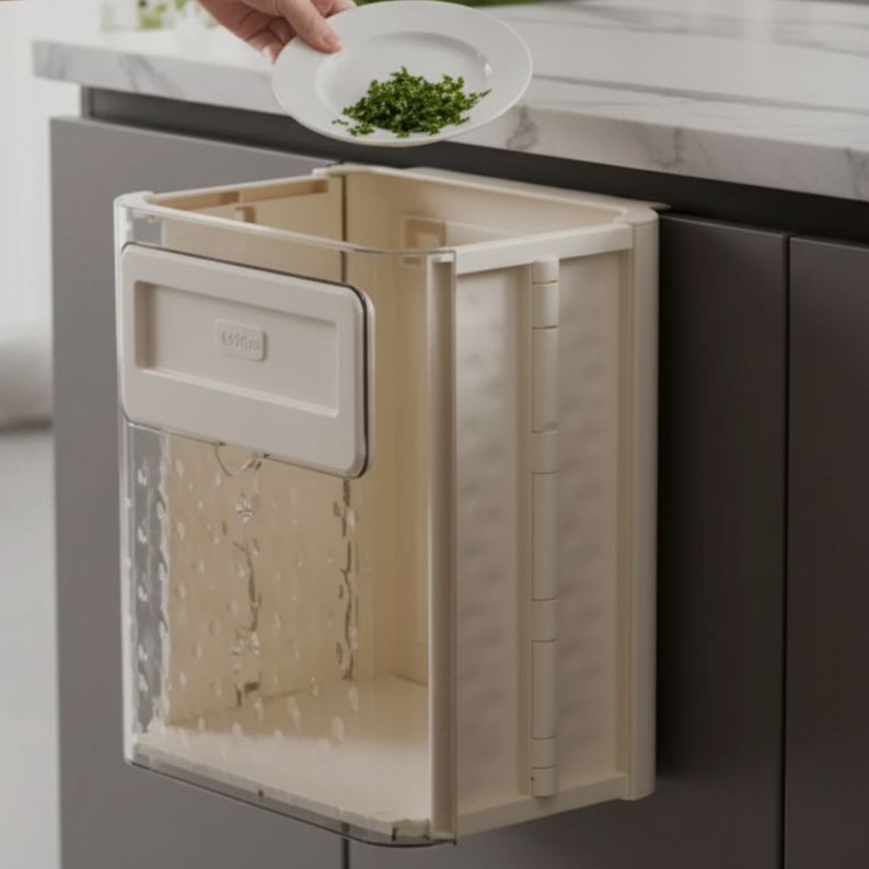 Kitchen Bin - 10L Wall Mount Folding Cabinet Door Hanging Waste Bin Cream Beige Home & Garden Wastebaskets